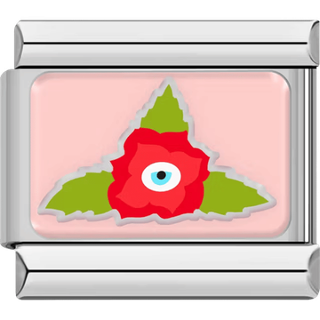Red flower shape with an eye in the center and three green leaves on a soft pink background